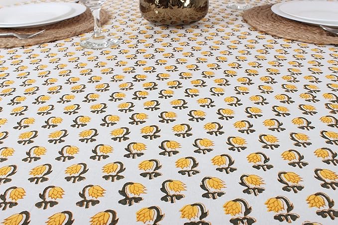 Ridhi Block Print Round Vintage Yellow Reusable Tablecloth 100% Cotton 60" Inch Decorative Table Cover eveyday Dining, Home, Party, Wedding, Farmhouse Gift for Spring, Easter, Valentine