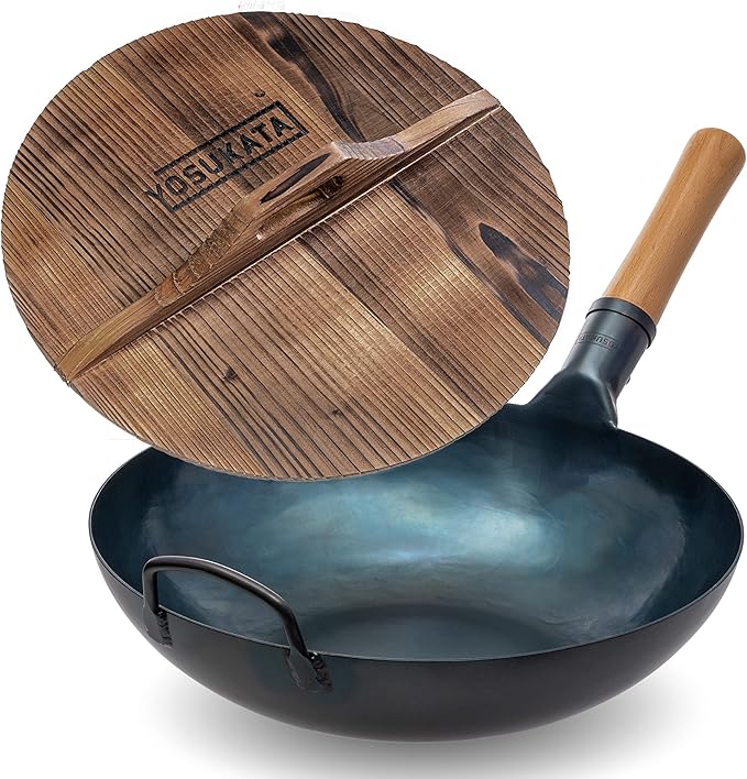 YOSUKATA 13.5” Blue Carbon Steel Wok Pan + Premium Wok Cover 13.5 inch Pan Lid