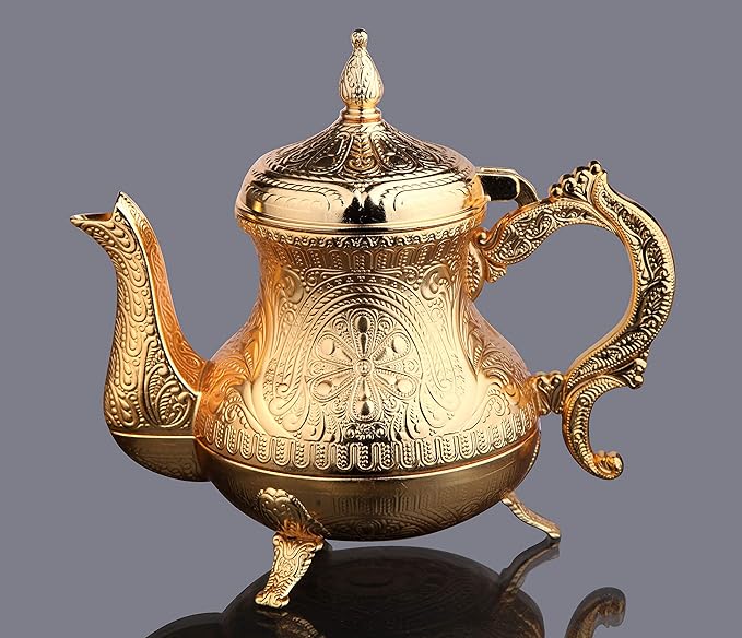Alisveristime Decorative Zamac Pitcher – Vintage Ottoman-Style Teapot, Ornate Metal Design (7.9 x 7.9 x 5.1 in, 1.85 lbs, 28.7 fl oz) (Gold)