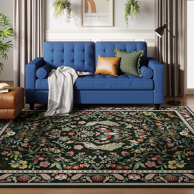 Living Room Rug 6x9 Rug Machine Washable Area Rug Floral Non-Slip Low Pile Large Rug for Living Room, Bedroom, Farmhouse, Dining Room, Kids Playroom (Emerald Green)