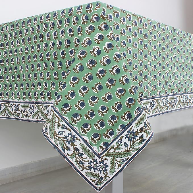Ridhi Hand Block Print Basil Green Rectangle Cotton Tablecloth 190" x 72" Reusable Table Cover Decorative Everyday Use for Dining, Farmhouse, Home Gift for Spring, Easter, Valentine