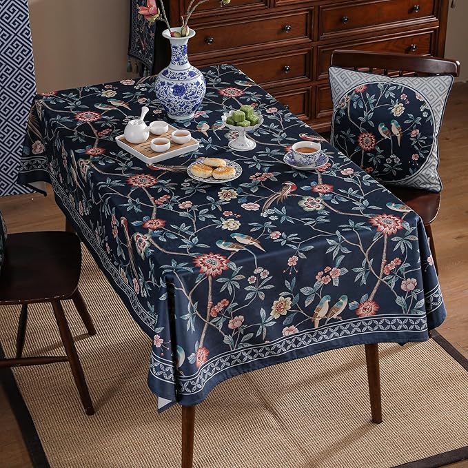 patdrea Designer Dark Blue Linen Rectangular Tablecloth,Vintage Navy French Floral and Birds Pattern Table Cloth,Decoration Table Cover for Kitchen,Dining,Tea Party,Home,Christmas,67"*118"