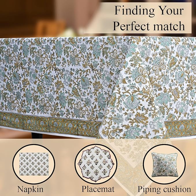 CPC Tablecloth 100% Cotton 70x108 Inch Indian Block Print Rectangle Table Cover, Blue Table Cloth for Weddings, Spring/Summer, Barbeque - Harvest Bloom