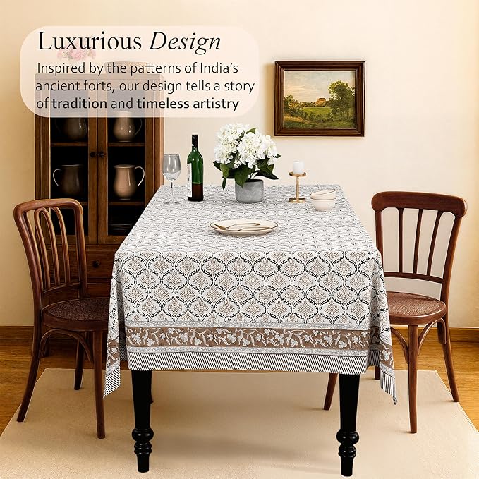 CPC Sandstone Regal Tablecloth 100% Cotton 70x108 Inch Indian Block Print Rectangle Table Cover, Table Cloth for Gifting in Weddings, Halloween, Fall, Christmas, Thanksgiving