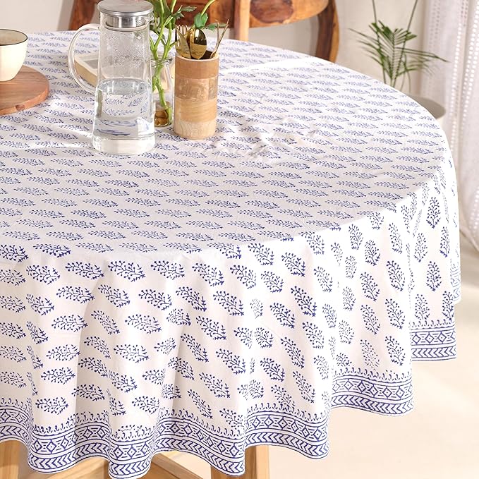 Hand Block Printed Table Cover - Exquisite Design, Premium Cotton Fabric, Perfect for Dining and Decor, Dining Table Linen (Blue Buti, 6 Seater 72 Inches Round)