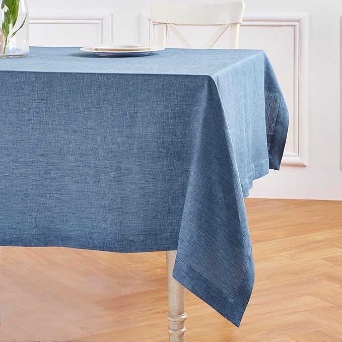 Solino Home Linen Tablecloth 60 x 90 Inch - 100% Pure Linen Blue Denim Table Cloth for Rectangular Tables - Athena, Machine Washable Cloth Tablecloth for Spring, Easter