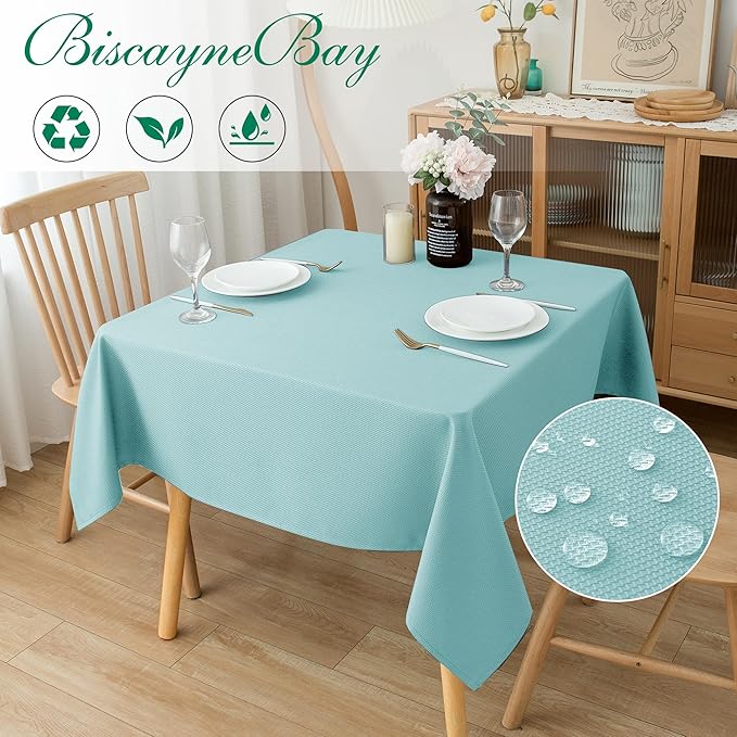 Biscaynebay Square Tablecloth 90x90 Inch-Auqa Blue Card Fabric Table Cover-Folding Table Cloths Linen Water Resistant Washable for Kitchen Dining Picnic Patio Outdoor Party Restaurant Tables
