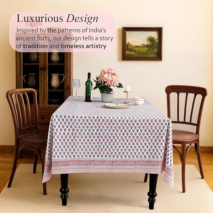 CPC Tablecloth 100% Cotton 70x118 Inch Indian Block Print Rectangle Table Cover, Table Cloth for Weddings, Spring/Summer, Barbeque -Pink Sapphire