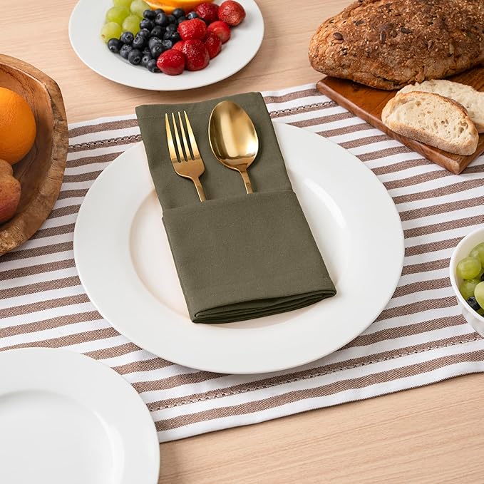Blue Needles Solid Cloth Napkins Set of 12 Olive Green 100% Cotton Dinner Napkins 18x18 inches, Soft, Reusable, Absorbent, Washable Linen, Ideal for Wedding Events, Parties & Everyday Use