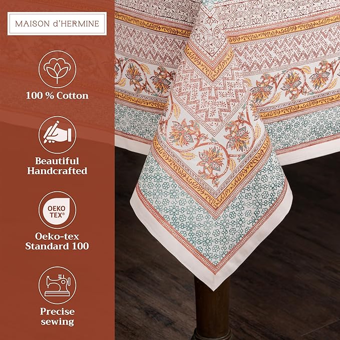 Maison d' Hermine Table Cloth Square Table 100% Cotton 60 x 60 Inches Fall Tablecloth Reusable Everyday Use for Thanksgiving Christmas Decorations Dining Farmhouse Party (Nila)