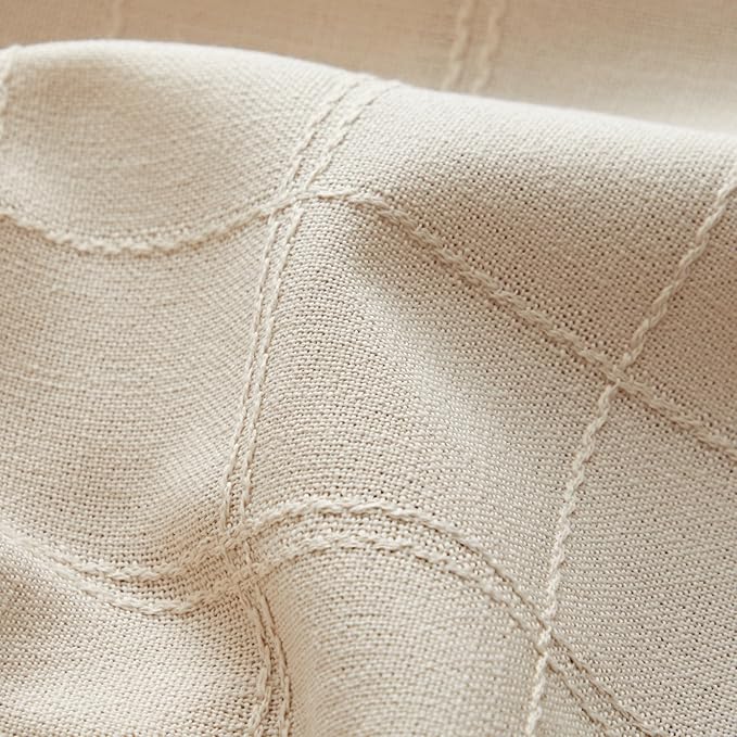 ZeeMart Linen Checked Table Cloth, Farmhouse Style Plaid Embroidered Neutral Tablecloth, Water Resistant Rectangle Table Cloth, Beige 52x70 Inches