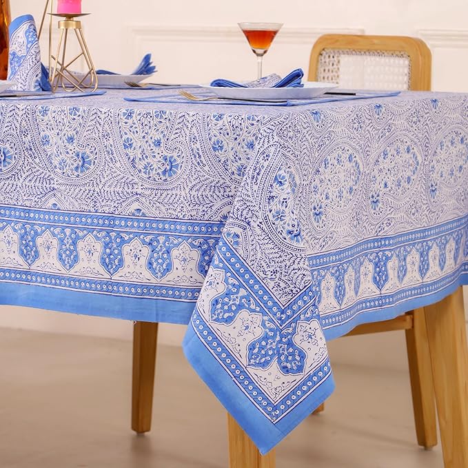Hand Block Printed Table Cover - Exquisite Design, Premium Cotton Fabric, Perfect for Dining and Decor, Dining Table Linen(Arctic Blue,8 Seater 70 x 108 Inches Rectangle)