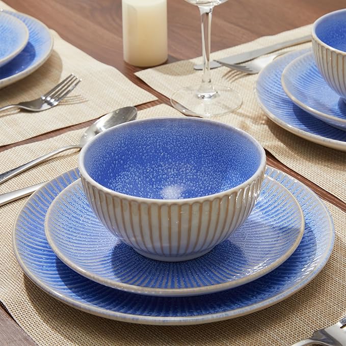 Ceramic Dinnerware Sets, Handmade Reactive Glaze Plates and Bowls Sets, Highly Chip and Crack Resistant Dish Set, Distinctive Granulated Surface Dishwasher & Microwave Safe Service for 4