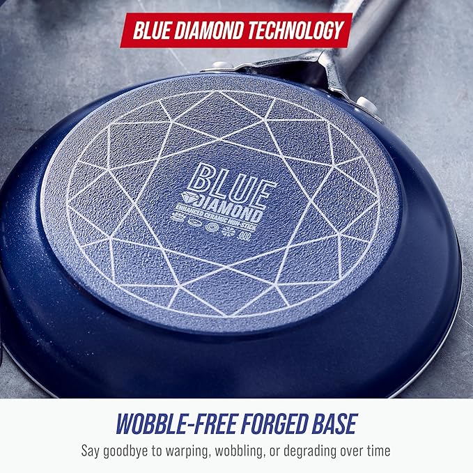 Blue Diamond 10 Piece Nonstick Cookware Set, Diamond Ceramic Pots & Pans, Dishwasher & Metal Utensil Safe, Non Toxic PFAS-Free, Kitchen Cooking Sauce & Saute Pans, Oven & Broiler to 600F, Blue