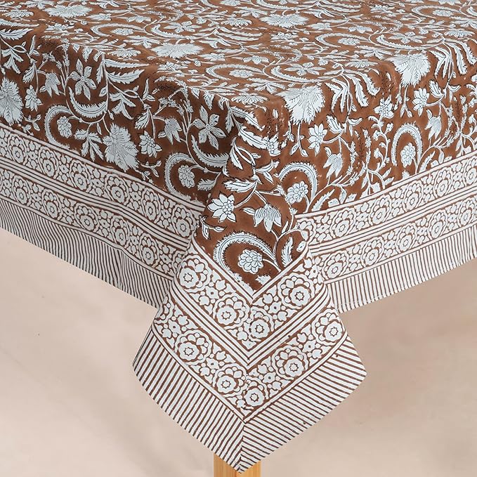 Handblock Print Cotton Tablecloth – 60x90 Rectangular Table Cover 6 Seats – Indian Block Printed Floral Dining Table Linen – Boho Washable Cloth for Kitchen, Party, Outdoor, Dark Brown