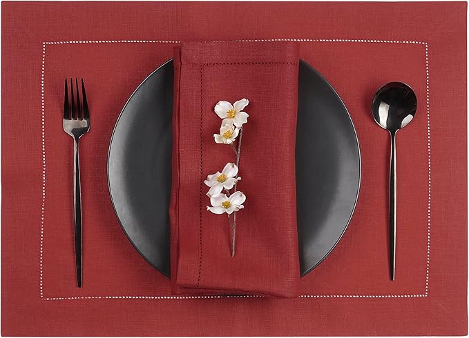 D'Moksha Homes Red Linen Placemats Set of 6 - Classic Hemstitch Placemats 14 x 19 Inch - 100% Pure Linen Table Mats for Valentines, Spring - Handcrafted and Machine Washable