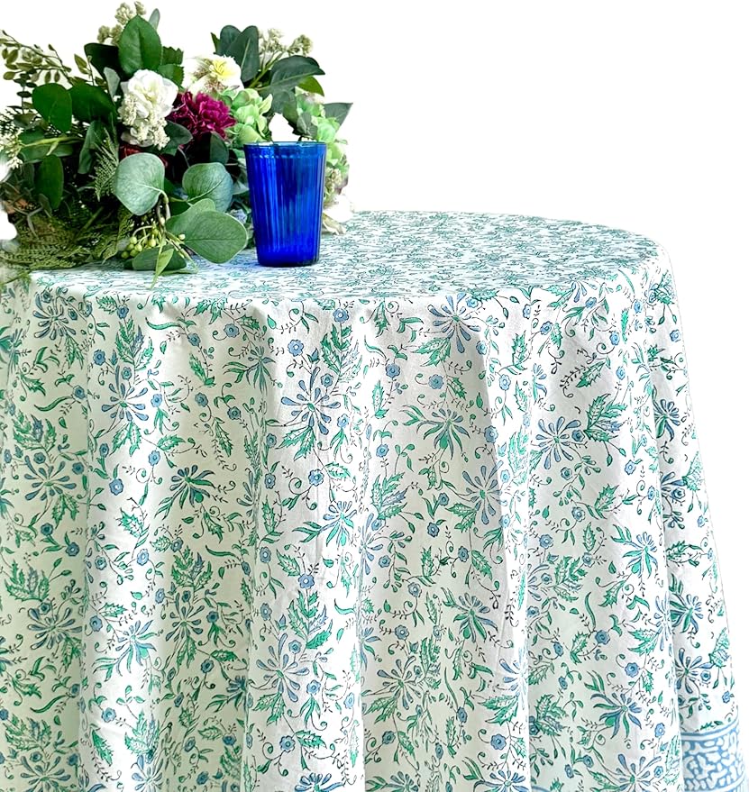 ATOSII Aster Blue 100% Cotton Round Tablecloth, Handblock Print Floral Table Cloth for Kitchen Dining Linen I Parties, Weddings, Outdoors, Easter, Spring Summer Decor I 90" Inches Round