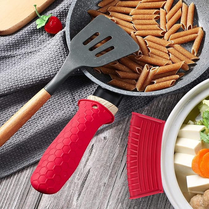 Patelai 8 Pcs Silicone Pot Holders Set Cast Iron Handle Cover Heat Resistant Pot Handle Covers Potholder Non Slip Reusable Pan Sleeve for Frying Pan Kitchen Supplies(Red)