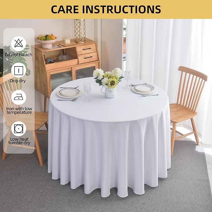 6-Pack Round 120-inch White Table Cloths, Solid Stain and Wrinkle Resistant Circular Tablecloth, Premium Plain Weave Polyester Fabric Table Linen Covers for Hotel, Banquet