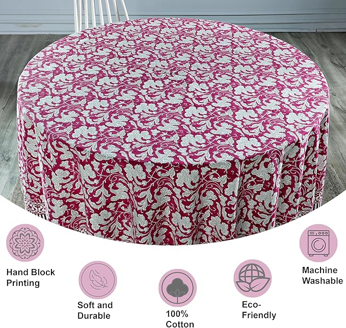 Ridhi Block Print Round Deep Pruce Red Reusable Tablecloth 100% Cotton 110" Inch Decorative Table Cover eveyday Dining, Home, Party, Wedding, Farmhouse Gift for Spring, Easter, Valentine
