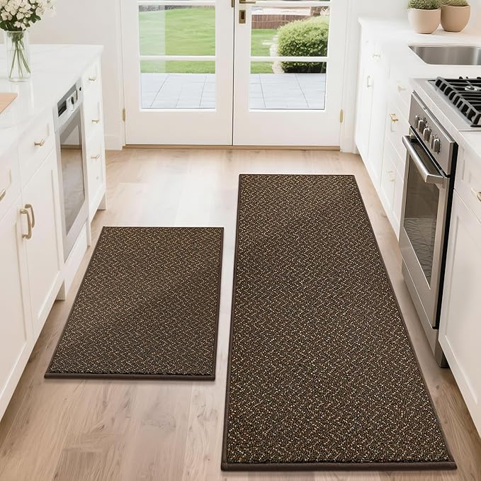 COSY HOMEER Kitchen Rugs Non Slip Washable 24"x36"+24"x60" Absorbent Kitchen Mats for Floor Stain Resistant Kitchen Runner Rug Sets of 2 Kitchen Floor Mats for Sink,Brown