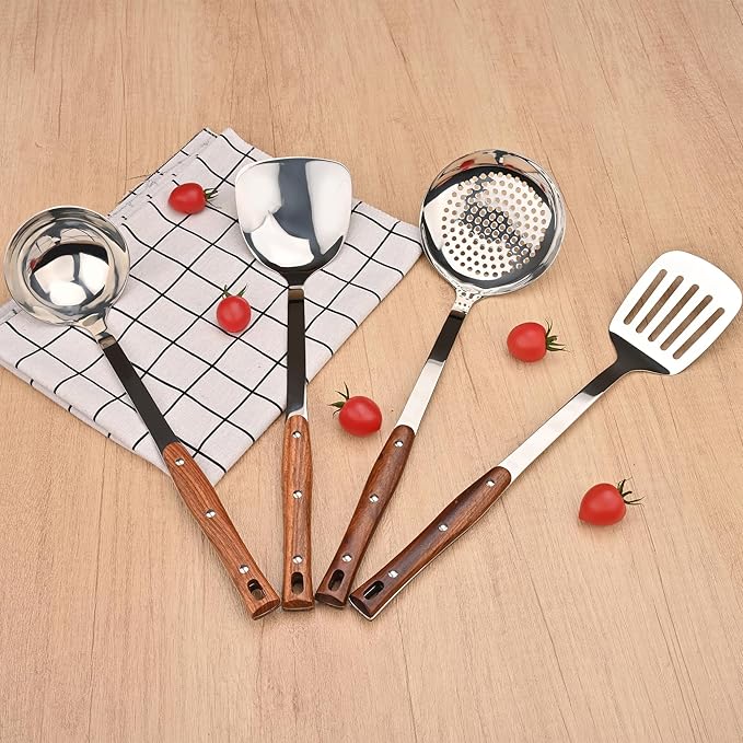 FJNATINH Kitchen Utensils Set, Wok Spatulas, Ladle, Skimmer Spoon, Slotted Turners, Heat Resistant Stainless Steel Wok Tools for Serving, Cooking, Stirring, 4Pcs