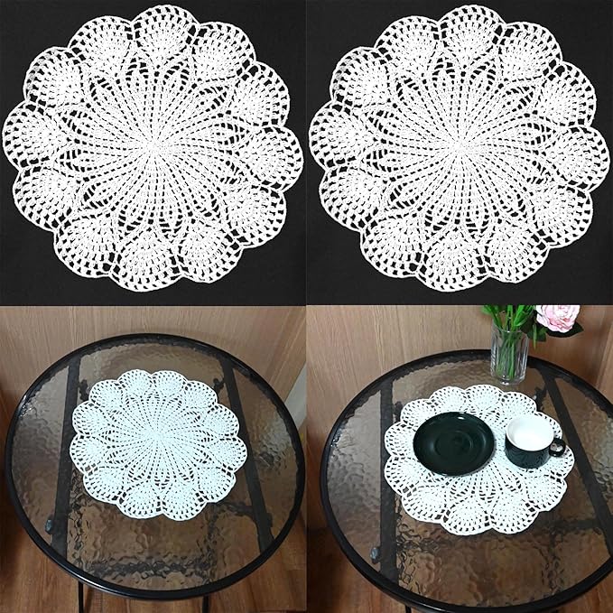 BIBITIME Round Flower Lace Doilies Vase Mats Kitchen Tablecloth Dish Plate Mat Handmade Crochet Table Doily Placemats (White, 11.8 in to 13.8 in,2PCS)