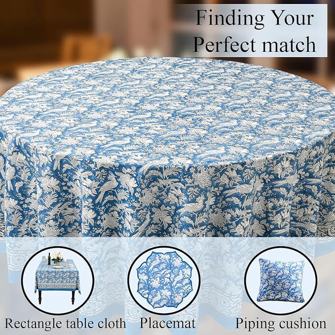 CPC Round Tablecloth- Cotton Indian Block Print Tablecloth -Handmade Printed Washable Cotton Table Cloth - Spring/Summer, Wedding Table Cover - Blue Sapphire 60 Inches