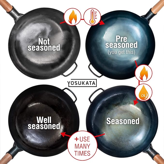 YOSUKATA Blue Round Bottom Wok Pan – 14" Woks and Stir Fry Pans PLUS 17" Wok Spatula and Ladle Skimmer Spoon - Stainless Steel Cooking Utensils Set of 3