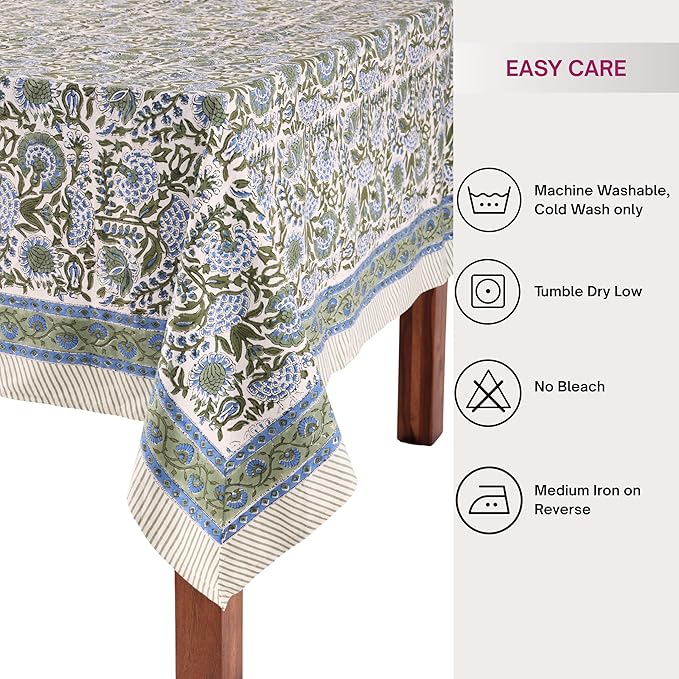 ATOSII Clover Blue 100% Cotton Rectangle Fall Tablecloth, Handblock Floral Linen Table Cloth for Kitchen Dining Table I Parties Christmas Thanksgiving I Fall Home Decor 60 X 108 Inches I 8 Seater