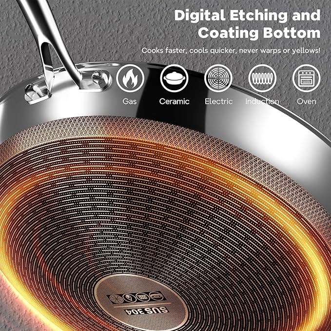 Wok Pan, 13-Inch Stainless Steel Woks & Stir-Fry Pans Nonstick, Wok Pan with Lid for Induction, Electric, Gas, Halogen, All Stoves, Professional PFOA Free Cookware, Dishwasher & Fast Heat