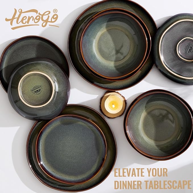 Herogo 18PCS Dinnerware Sets for 6, Stoneware Plates and Bowls Dish Set, Irregular Handmade Dinner Ware Dishware for Kitchen Dinning, Microwave & Dishwasher Safe, Lichen Green