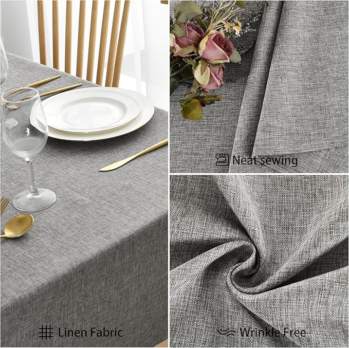 JIUZHEN Faux Linen Farmhouse Tablecloth Rectangular, Wrinkle Stain Resistant Table Cloth Rectangle Table Cover for Kitchen Dining, Holiday Party Dinner, Grey, 60 x 102 Inch