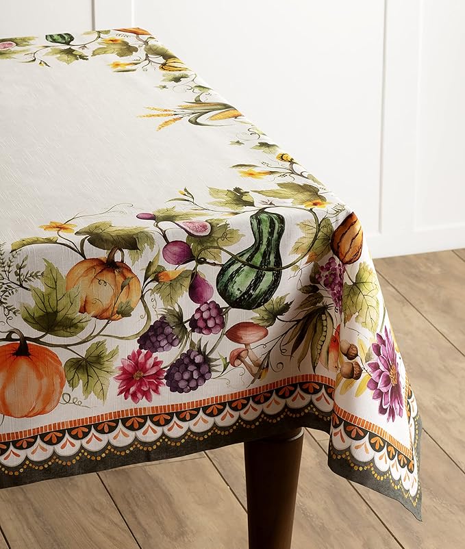 Maison d' Hermine Table Cloth Rectangle Table 100% Cotton 60 x 90 Inches Fall Tablecloth Reusable Everyday Use for Thanksgiving Christmas Decorations Dining Farmhouse (Pumpkin Garden - Cloudy Cream)