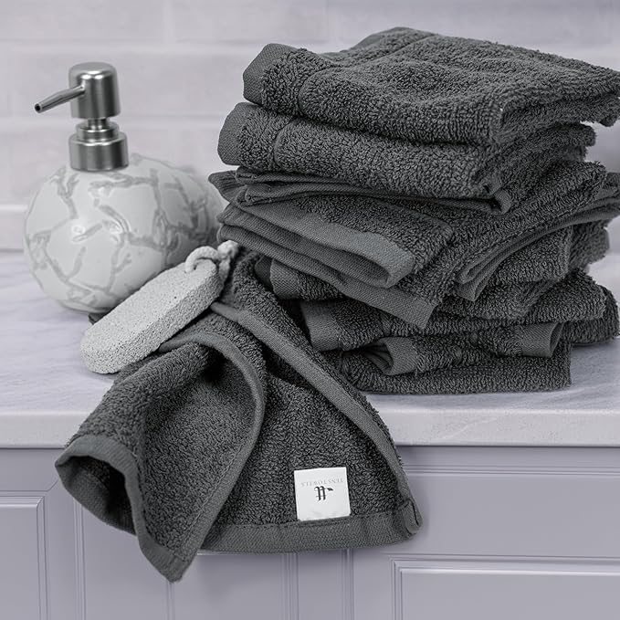 Tens Towels Pack of 12 Washcloths, 12 x 12 Inches, Lighter Weight, Quick to Dry, Super Soft & Absorbent, Gentle Face Towels, Hotel Quality, Perfect for Bathroom, Gym, Spa (Dark Grey, 12 Pack)