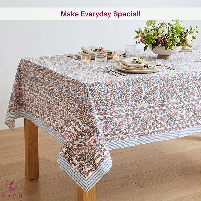 ATOSII Kalina 100% Cotton Fall Rectangle Tablecloth, Handblock Print Floral Table Cloth for Kitchen Dining Linen I Weddings Outdoors Easter Spring Summer I 72 X 108 Inches I 8 Seater