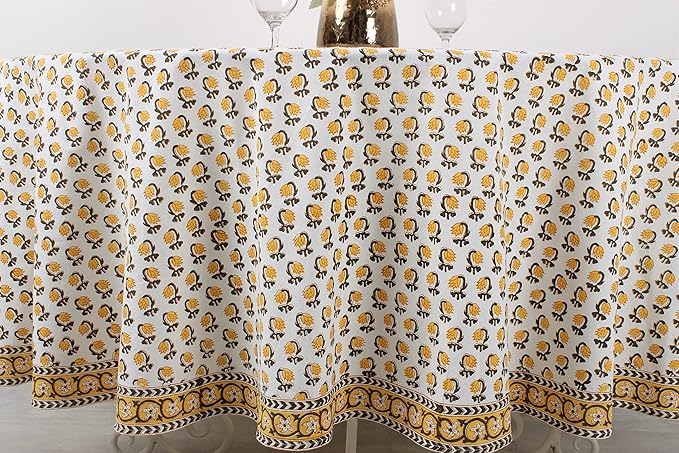 Ridhi Block Print Round Vintage Yellow Reusable Tablecloth 100% Cotton 60" Inch Decorative Table Cover eveyday Dining, Home, Party, Wedding, Farmhouse Gift for Spring, Easter, Valentine