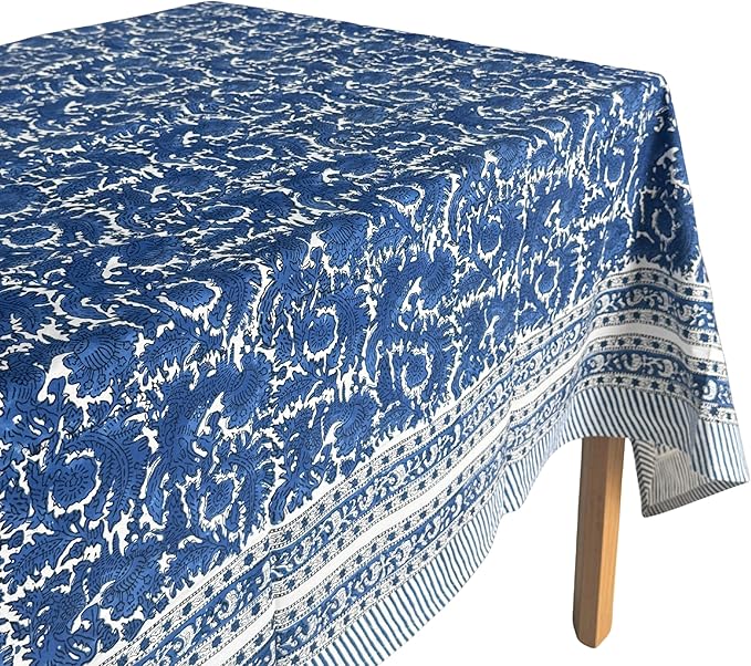 ATOSII Paradise Blue 100% Cotton Rectangle Summer Tablecloth, Handblock Floral Print Linen Table Cloth for Kitchen Dining I Parties, Weddings, Outdoors, Decor 60 X 90 Inches