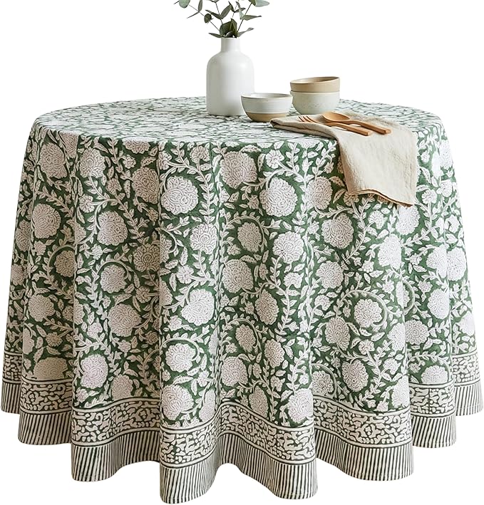 ATOSII Shalimar Green 100% Cotton Round Boho Fall Tablecloth, Handblock Floral Table Cloth Linen for Kitchen Dining I Parties Wedding Outdoors Christmas Thanksgiving I Fall Home Decor 60" Inches Round