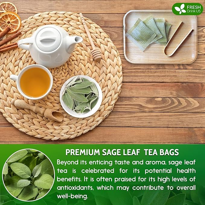 FreshDrinkUS, Premium 75 Sage Leaf Tea Bags, 100% Natural & Pure from Sage Leaves. Loose Leaf Herbal Tea. Made with Natural Material Tea Bags. No Sugar, No Caffeine, No Gluten, Vegan.
