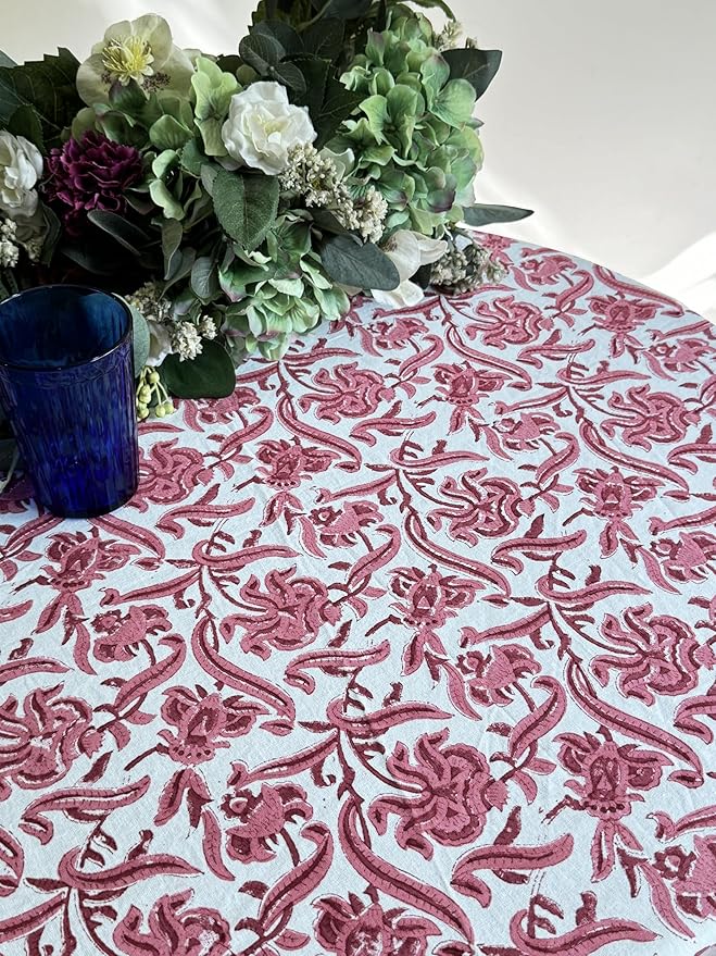 ATOSII Red Bloom 100% Cotton Round Boho Fall Tablecloth, Handblock Floral Table Cloth Linen for Kitchen Dining I Parties Wedding Outdoors Thanksgiving Easter Picnic I Fall Home Decor 90" Inches Round