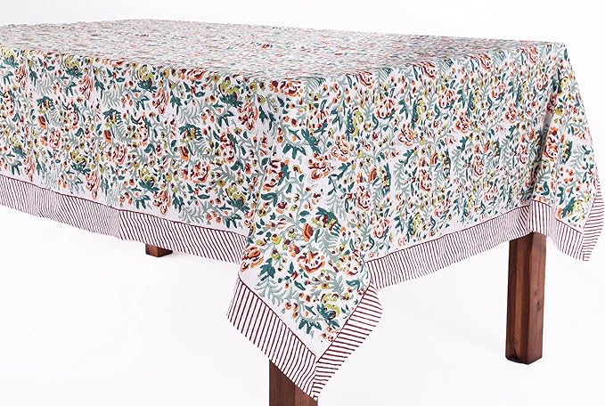 ATOSII Ambrosia Green 100% Cotton Rectangle Fall Tablecloth, Handblock Floral Print Linen Table Cloth for Kitchen Dining I Parties, Outdoors, Christmas, Thanksgiving I 72 X 140 Inches I 12 Seater