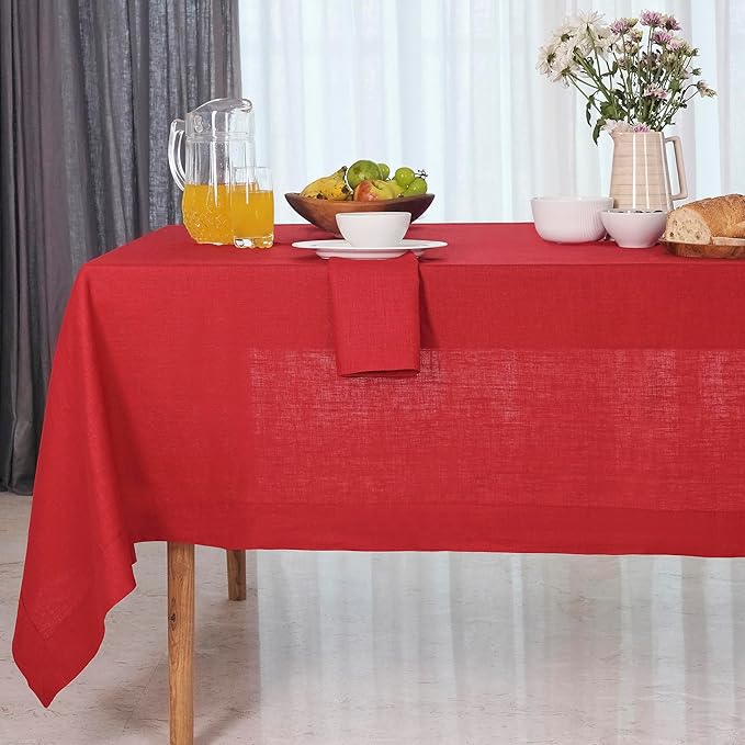 D'Moksha Homes Bright Red Linen Tablecloth 54 x 72 Inch - 100% Pure Linen Tablecloth for Rectangle Tables - Machine Washable Table Cloth for Valentines, Spring, Easter
