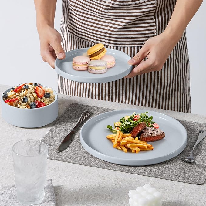 E-far 8-Piece Plates and Bowls Sets - Stoneware Dinnerware Sets with Pasta Bowls for 2 | Microwave & Dishwasher Safe Kitchen Modern Dish Set, Speckled Gray