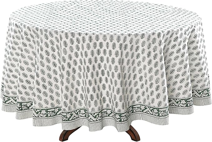 Ridhi Block Print Round Emerald Green Reusable Tablecloth 100% Cotton 110" Inch Decorative Table Cover eveyday Dining, Home, Party, Wedding, Farmhouse Gift for Spring, Easter, Valentine