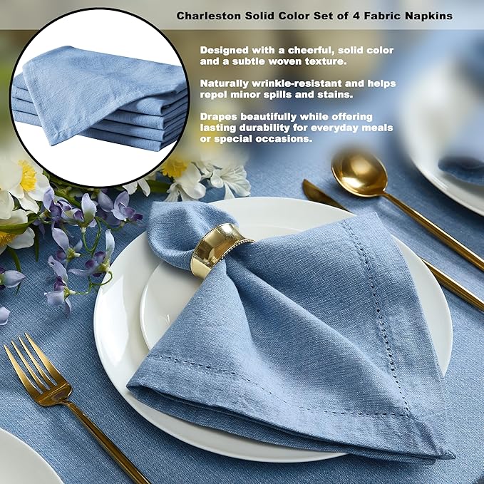Home Bargains Plus Spring & Easter Holiday Charleston Ash Blue Set of 4 Fabric Napkins, Cotton Napkin for Indoor Outdoor Dining, Machine Washable Solid Color Napkins for Everyday Use