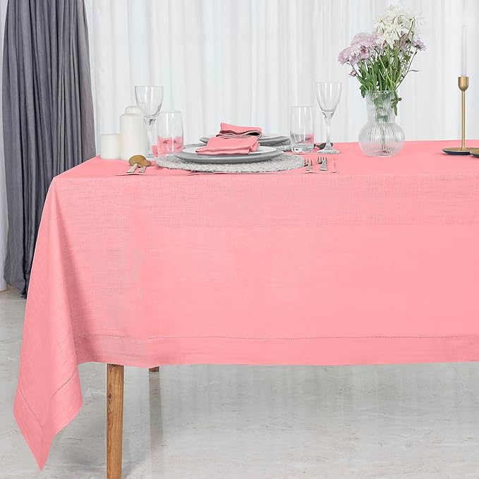 D'Moksha Homes Dusty Pink Linen Tablecloth 60 x 120 Inch - 100% Pure Linen Hemstitch Tablecloth for Rectangle Tables - Classic Hemstitch, Machine Washable Table Cloth for Valentines, Spring, Easter