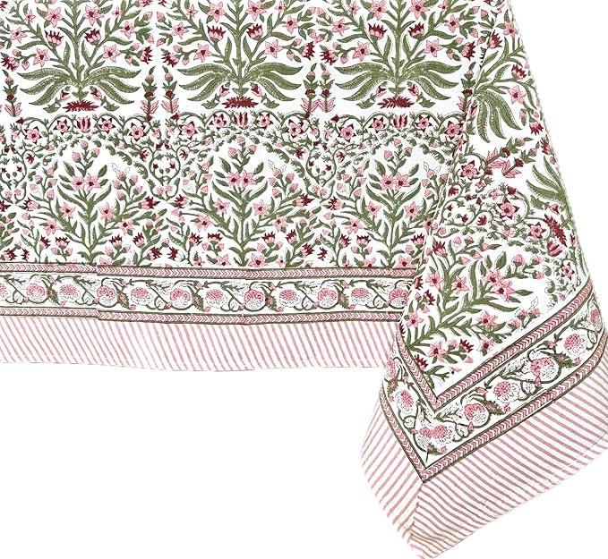 ATOSII Nargis Pink 100% Cotton Rectangle Boho Spring Summer Tablecloth, Handblock Floral Table Cloth Linen for Kitchen Dining I Parties Wedding Outdoors Easter I 72 X 120 Inches I 10 Seater