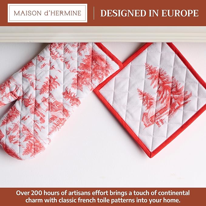 Maison d' Hermine 100% Cotton Oven Mitt & Pot Holder Set (7.5"x13" & 8"x8") Heat Resistant BBQ Cooking Gloves with Loop for Thanksgiving Christmas Decorations Handling Hot Pans (Winter Jouy)