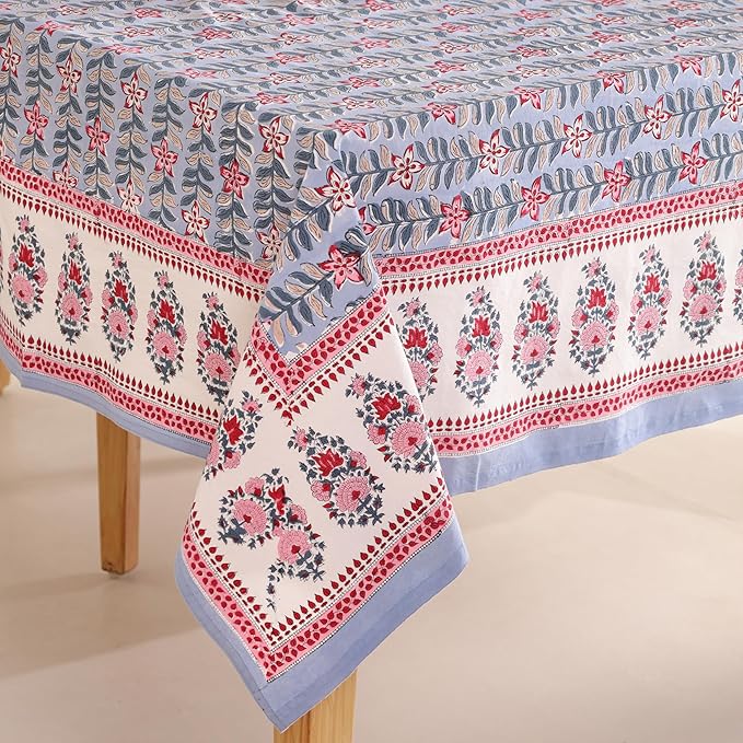 Hand Block Printed Table Cover - Exquisite Design, Premium Cotton Fabric, Perfect for Dining and Decor, Dining Table Linen (Gray Petal Glow, 8 Seater 72 x 108 Inches Rectangle)